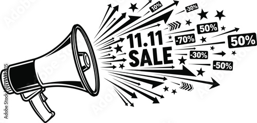 A megaphone announcing eleven eleven sale with arrows and discounts in black and white graphic style