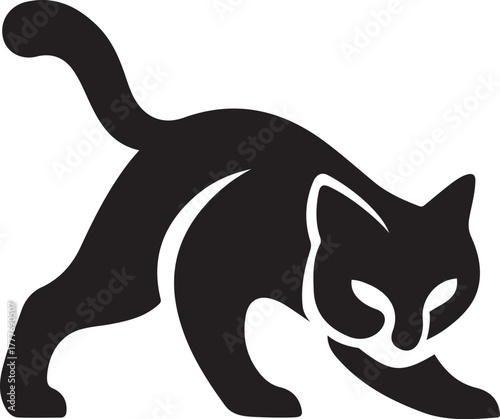 Black stylized cat in a low crouch on a white background, Crouching cat silhouette black and white artwork
