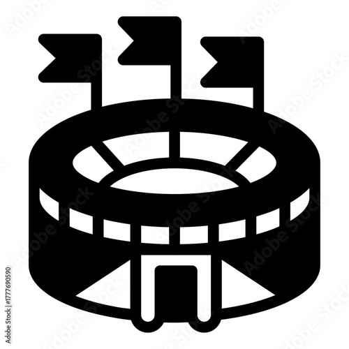 Stadium with flags and entrance solid icon, baseball game concept. Vector graphics. City main stadium, sport sign on white background, style icon mobile or web design.