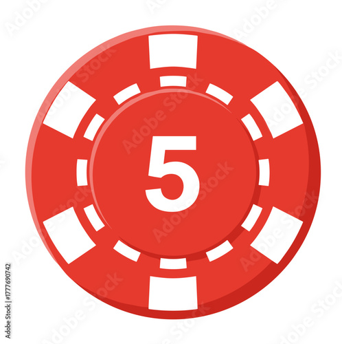 Red poker chip with the number five, vector illustration on transparent background