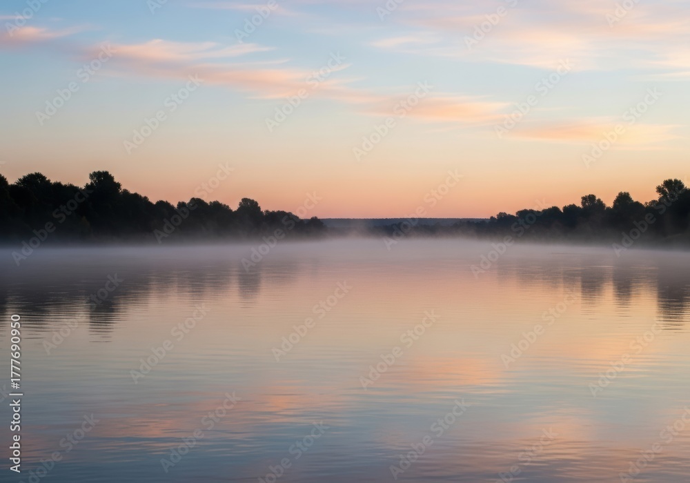 Fototapeta premium Illustration of misty river surface at sunrise with soft pastel colors reflecting