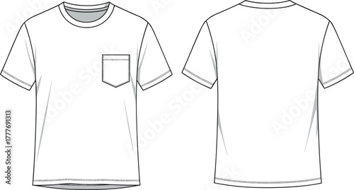 Basic white T-shirt technical sketch, front and back view, fashion flat drawing, apparel design, garment construction, vector illustration, clothing template