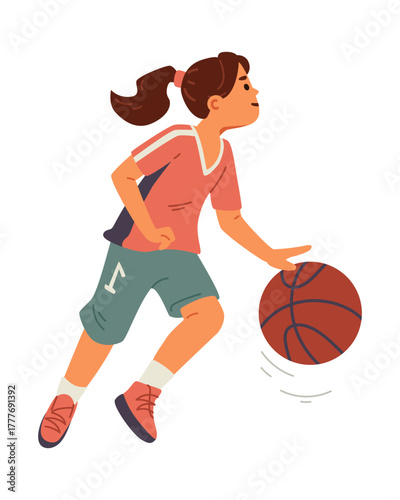 Girl playing basketball flat vector illustration isolated on white.