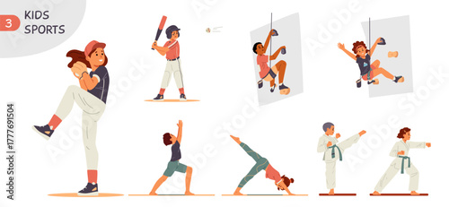 Boys and girls doing different sports flat vector illustrations set. Kids doing baseball, rock climbing, yoga, karate.