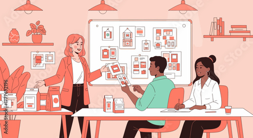 Collaborative Team Discussing Package Design In a Creative Office Space