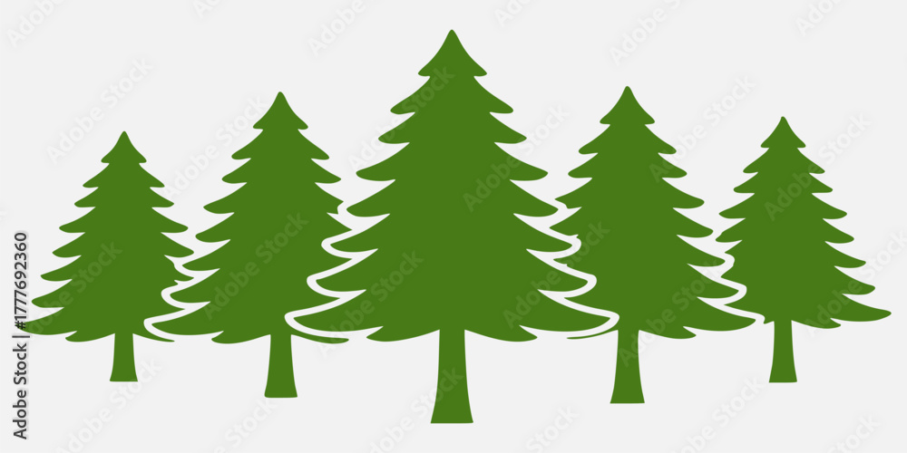 Obraz premium Five green pine trees in a row, a simple forest silhouette icon isolated on a light gray background