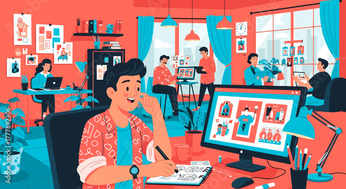 Creative Team Collaborating On Design Project In Modern Office Space