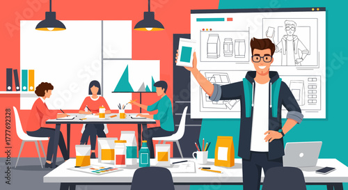 Creative Team Collaborating On Packaging Design Presentation Together