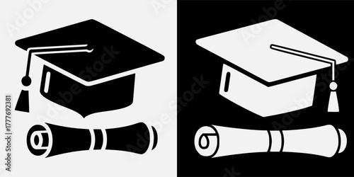 Academic Achievement Icon Set Graduation Cap and Diploma Symbolizing Success, Education, and Future Endeavors for Students and Graduates After Completing Studies