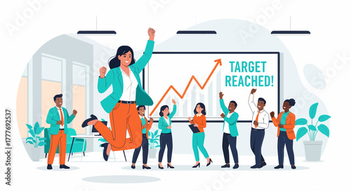 Diverse Team Celebrating Successful Project In Modern Office Illustration