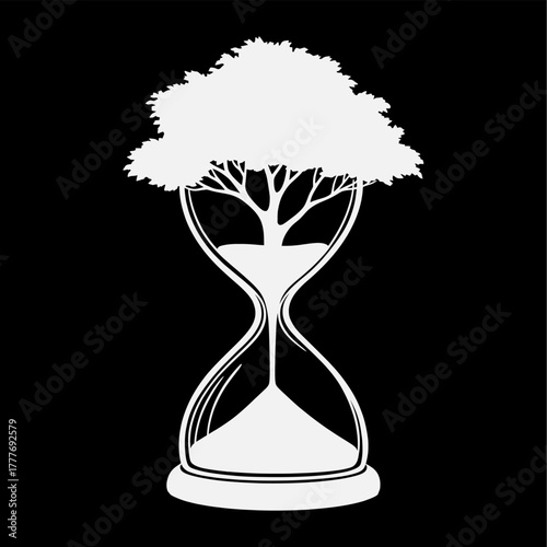 Monochrome illustration of a tree growing in an hourglass, a conceptual metaphor for environmental urgency and the finite passage of time