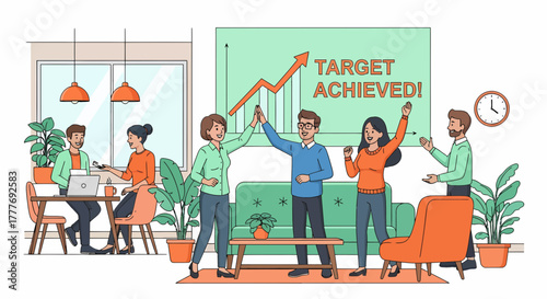 Energetic Team Celebrating Successful Goal In Modern Office