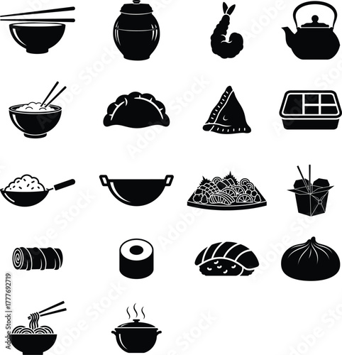 Asian Food and Cooking Glyph Icons Set - Sushi, Noodles, and Oriental Cuisine Symbols