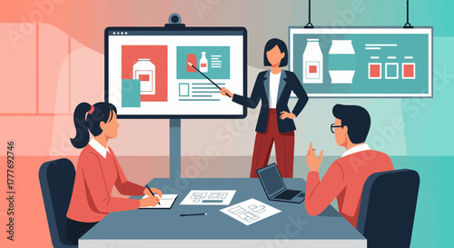 Product Presentation By Manager To Coworkers Team In Modern Office