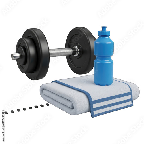 Dumbbell towel and water bottle on black weight fitness