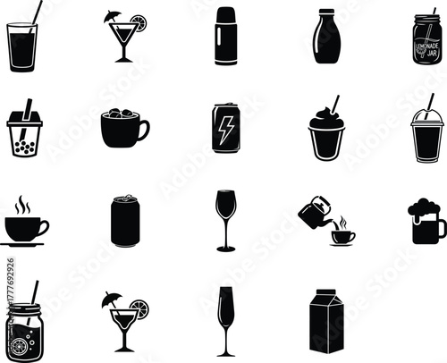 Drinks and Beverage Glyph Icons Set - Coffee, Cocktails, and Liquid Container Symbols