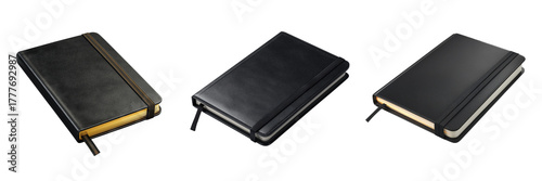Three black notebooks with elastic bands isolated on a transparent background