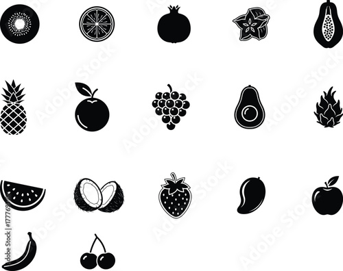 Tropical and Common Fruit Glyph Icons Set - Healthy Food and Fresh Produce Symbols