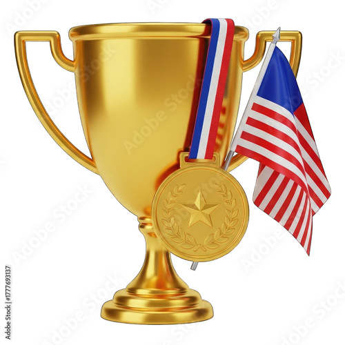 Golden Trophy With American Flag And Medal image