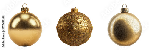 Three golden Christmas ornaments isolated on a transparent background