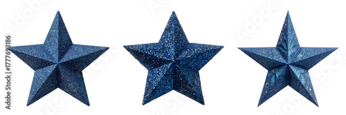 Three Blue Glitter Stars isolated on a transparent background