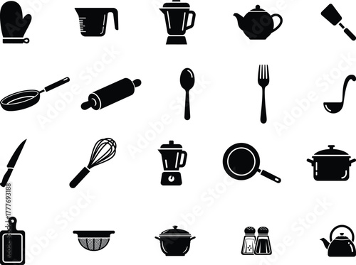 Kitchen Utensils and Cookware Glyph Icons Set - Cooking Tools and Equipment Symbols