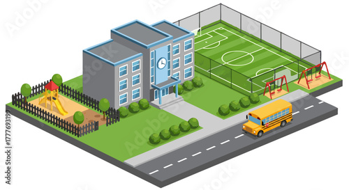 Isometric view of a school building with a playground and sports field, depicting a typical educational environment