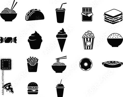Dessert and Snack Food Glyph Icons Set - Sweets, Fast Food, and Junk Food Symbols