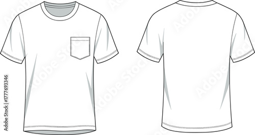 Basic white T-shirt, front and back view, fashion sketch, chest pocket, round neck, short sleeve, garment design, apparel template