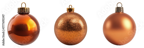 Three copper Christmas ornaments isolated on a transparent background 1