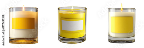 Three glass candles with yellow labels isolated on a transparent background