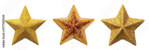 Three Glittering Gold Stars isolated on a transparent background