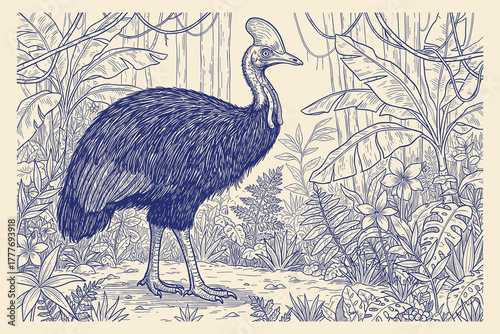 Hand-Drawn Illustration of a Majestic Cassowary Standing Gracefully Amid Lush Tropical Forest Vegetation