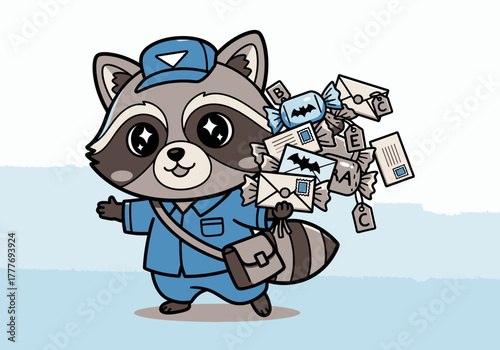 Cute raccoon postman delivering letters cartoon illustration