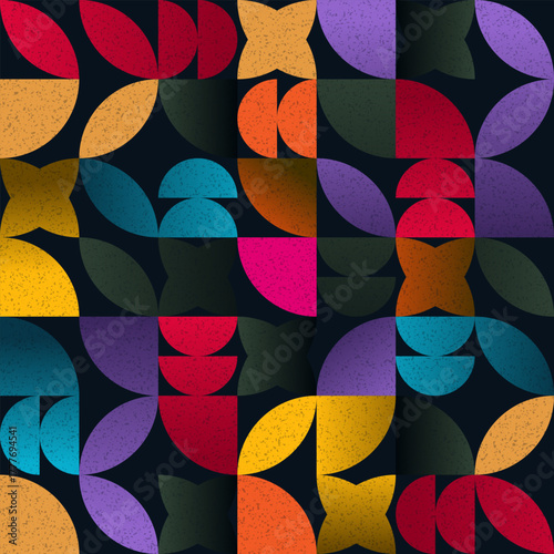 Vibrant dark abstract pattern with organic geometric shapes, deep jewel tones, and colorful grain texture.