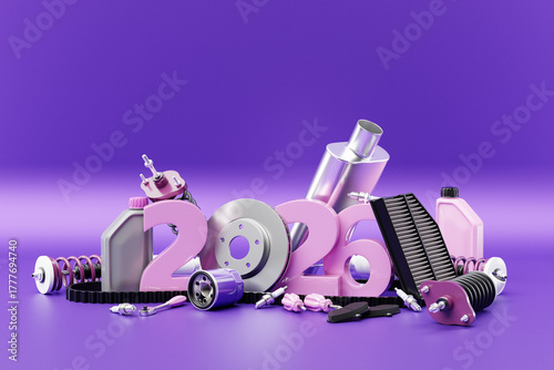 Greeting Christmas card with inscription 2026 and auto parts of the car on a purple isolated background. Parts for car repair. Concept of new year and Christmas in the automotive industry.