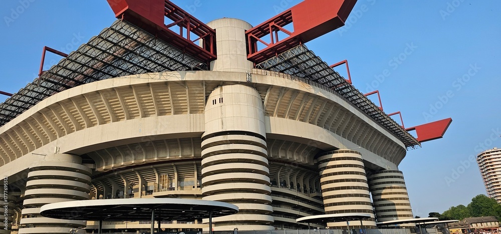 Fototapeta premium The San Siro stadium seen from outside in Milan, the temple of international football for Milan and Inter and a venue for concerts from all over the world