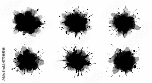 Collection of Black Ink Splatters and Blobs on White Background 1.