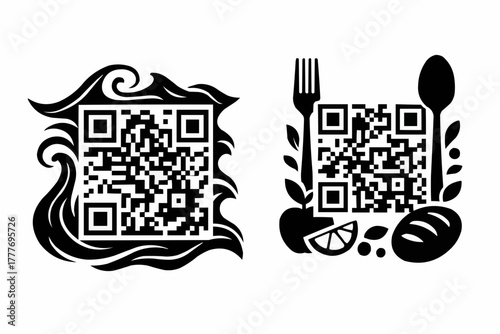 QR Code with Food and Wave Icon : A set of elegant QR code designs, artfully integrated with food elements and water-like pattern, which is used for food ordering or information.