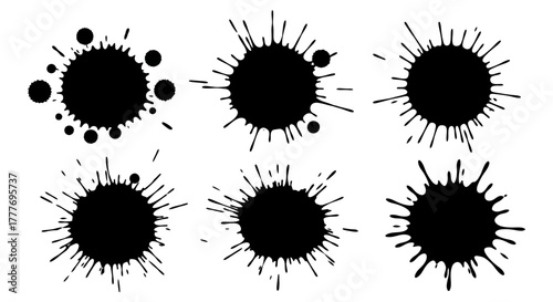 Ink Splatter Collection Diverse Black Paint Blots for Creative Design.