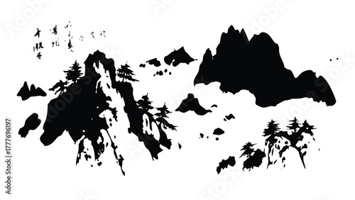 Sumi-e Mountain Painting (Brush Stroke Art Element)