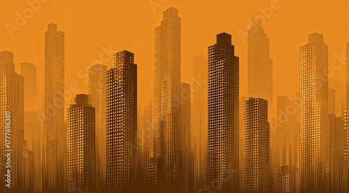 Cityscape with tall buildings and a warm orange hue. The buildings are lit up at night, creating a sense of energy