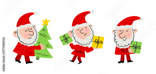 Set of cute santa claus gnomes with christmas tree and gifts vector illustration