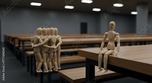 Wooden figure sitting alone while group gathers together, concept of loneliness and social isolation