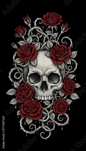 A dark and alluring illustration of a skull intertwined with thorny roses, representing mortality and beauty in a gothic style