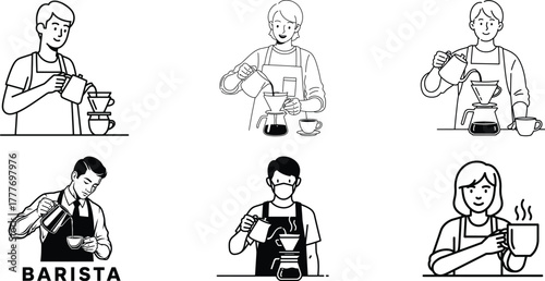 Home barista coffee brewing line icons set