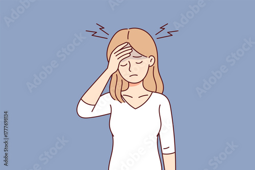 Woman with headache. Migraine, stress, or fatigue concept illustration. Health problem, tension, or anxiety symptom.