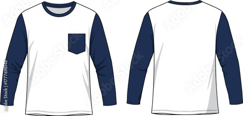 Casual raglan shirt, white body, blue sleeves, chest pocket, long sleeve, round neck, fashion apparel, front back view, isolated