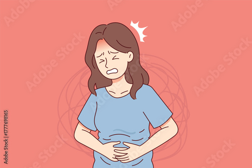 Woman with stomach pain. Abdominal ache, food intolerance, or digestion problem illustration.
