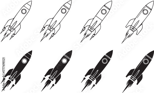 Collection of stylized rocket ship illustrations in black and white with a hand drawn sketch effect